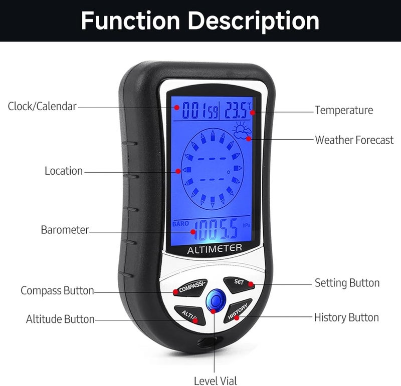 Kodrily Digital Altimeter, Digital Compass, Hiking Thermometer, Barometer 8 in 1 for Hiking Outside -2300 to 29500FT 1100MBAR, 300mbar to 1100mbar - Image 4